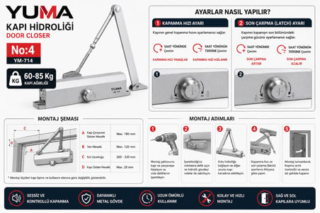 Yuma YM-714 No:4 Hidrolik Kapı Kapatıcı 60-85 Kg Ayarlanabilir Sessiz Kapı Hidroliği Ağır Hizmet Tip