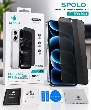 SPOLO iPhone 17 Pro Max Hayalet Ekran Koruyucu 500CC Full HD Large Arc Gizlilik Camı Darbe ve Çizilm