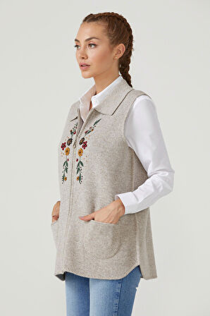 Kadın Fermuarlı Triko Yelek  - Vizon