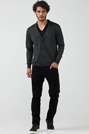 Erkek Şal Yaka Düğmeli Triko Hırka  - Antrasit