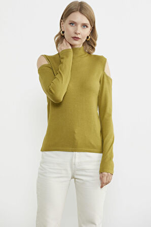 Omuzları Açık Triko Kazak - Yeşil