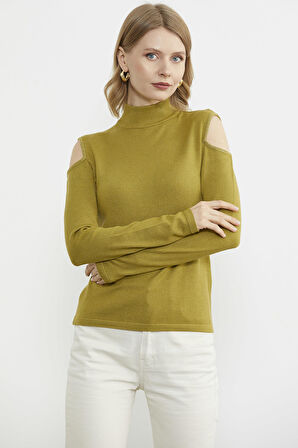 Omuzları Açık Triko Kazak - Yeşil