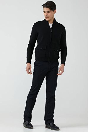 Erkek Dik Yaka  Fermuarlı Cepli Triko Mont  - Siyah