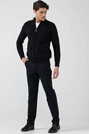 Erkek Dik Yaka  Fermuarlı Cepli Triko Mont  - Siyah