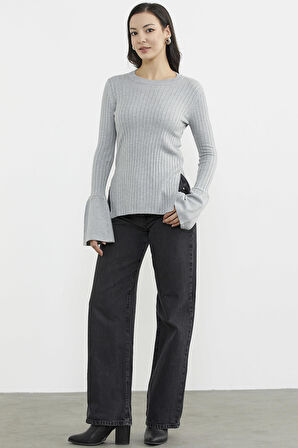 Kol Detaylı Derbili Triko Kazak - Gri