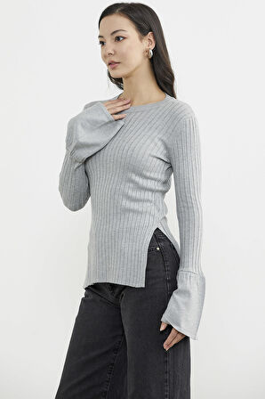 Kol Detaylı Derbili Triko Kazak - Gri