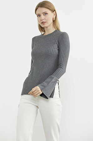 Kol Detaylı Derbili Triko Kazak - Koyu Gri