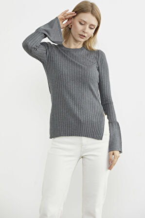 Kol Detaylı Derbili Triko Kazak - Koyu Gri