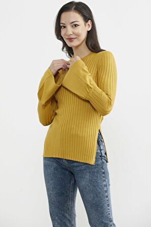 Kol Detaylı Derbili Triko Kazak - Hardal