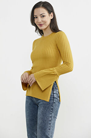 Kol Detaylı Derbili Triko Kazak - Hardal