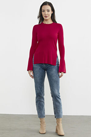 Kol Detaylı Derbili Triko Kazak - Kırmızı