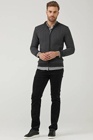 Erkek Fermuarlı Cepli Triko Hırka  - Antrasit - Gri