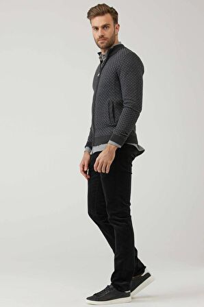 Erkek Fermuarlı Cepli Triko Hırka  - Antrasit - Gri