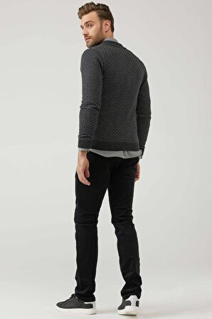 Erkek Fermuarlı Cepli Triko Hırka  - Antrasit - Gri