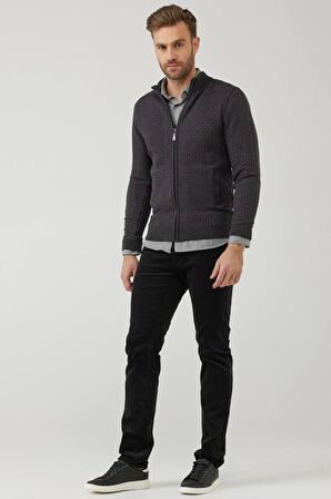 Erkek Fermuarlı Cepli Triko Hırka  - Antrasit - Mor