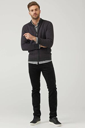 Erkek Fermuarlı Cepli Triko Hırka  - Antrasit - Mor