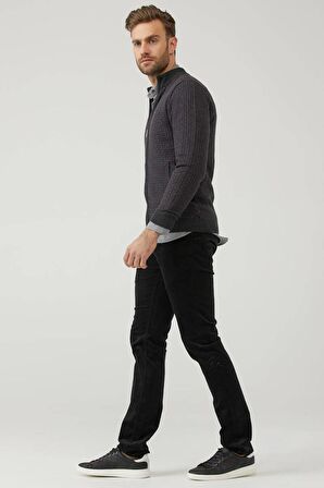 Erkek Fermuarlı Cepli Triko Hırka  - Antrasit - Mor