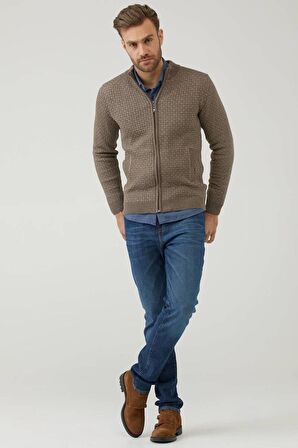 Erkek Fermuarlı Cepli Triko Hırka  - Sütlü Kahve - Vizon