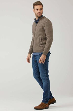 Erkek Fermuarlı Cepli Triko Hırka  - Sütlü Kahve - Vizon