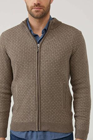 Erkek Fermuarlı Cepli Triko Hırka  - Sütlü Kahve - Vizon