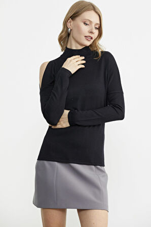 Omuz Detaylı Triko Kazak - Siyah