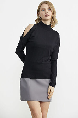 Omuz Detaylı Triko Kazak - Siyah