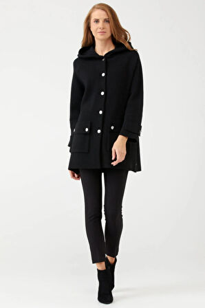 Kadın Kapüşonlu Cepli Yünlü Triko Ceket - Siyah | XL