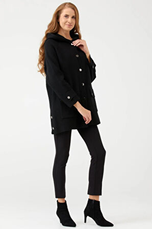 Kadın Kapüşonlu Cepli Yünlü Triko Ceket - Siyah | XL