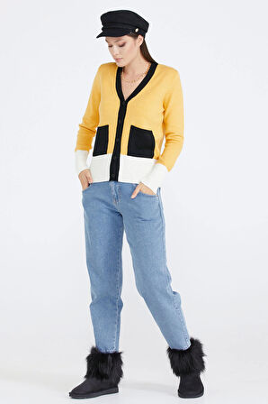 Kadın Renkli Cepli Triko Hırka  - Hardal