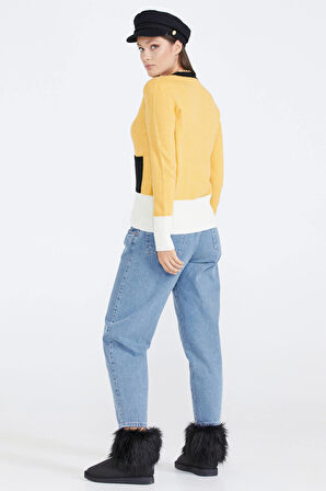 Kadın Renkli Cepli Triko Hırka  - Hardal