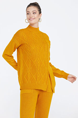 Kadın Yırtmaçlı Triko Kazak  - Kayısı