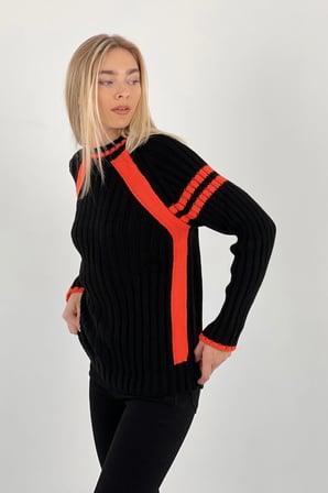 Kadın Oversize Bisiklet Yaka Şeritli Uzun Kışlık Turuncu Triko Kazak