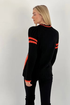 Kadın Oversize Bisiklet Yaka Şeritli Uzun Kışlık Turuncu Triko Kazak