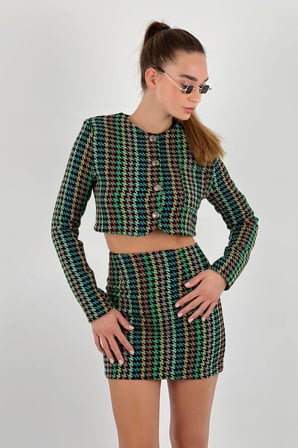 Kadın Düğmeli Uzun Kollu Crop Bluz Yüksek Bel Mini Etek Alt-Üst Takım