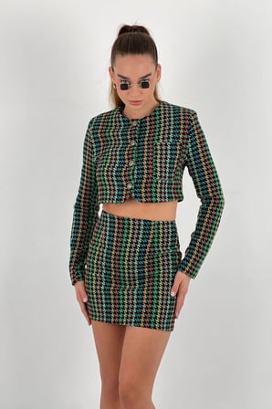 Kadın Düğmeli Uzun Kollu Crop Bluz Yüksek Bel Mini Etek Alt-Üst Takım