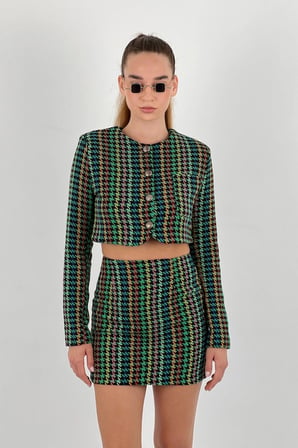 Kadın Düğmeli Uzun Kollu Crop Bluz Yüksek Bel Mini Etek Alt-Üst Takım