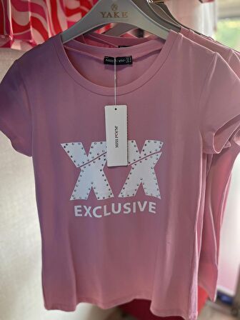 Miss Poem Basic Slim Fit T-Shirt Baskılı ve Taşlı