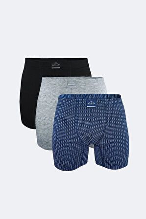 Erkek Siyah Gri Desenli 3 Lü Pamuk Elastan Uzun Boxer 073