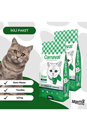 Kaliteli Ekonomik 2 li Paket Premium Yetişkin Kedi Maması Tavuk-Balık 2x1.5 Kg