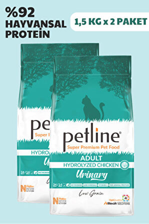 Petline Urinary İdrar Yolları Sağlığı için Tavuklu Yetişkin Kedi Maması 3Kg (2x1.5Kg), Düşük Tahıllı