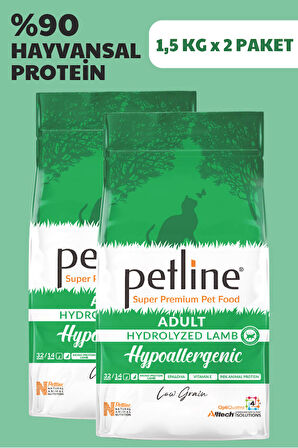 Petline Hypoallergenic Düşük Tahıllı Kuzu Etli Yetişkin Kedi Maması 3Kg (2x1.5Kg), Hassas Kediler İçin