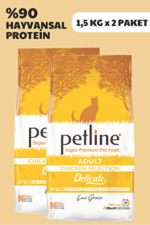 Petline Delicate Tavuklu Düşük Tahıllı Yetişkin Kedi Maması 3Kg (2x1.5Kg)