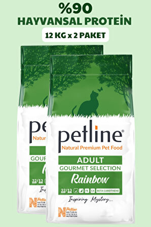 Petline Rainbow Gourmet Yetişkin Kedi Maması 24Kg (2x12Kg), Tavuklu Kuzu Etli Ciğerli,Renkli Taneli