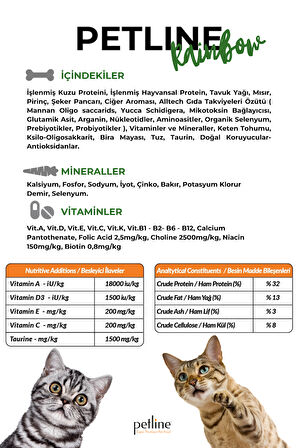 Petline Rainbow Gourmet Yetişkin Kedi Maması 24Kg (2x12Kg), Tavuklu Kuzu Etli Ciğerli,Renkli Taneli