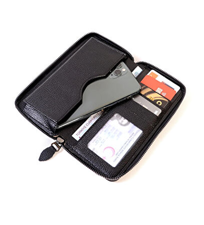 Telefon Bölmeli Fermuarlı Cüzdan Büyük Paraportföy El Çantası SİYAH