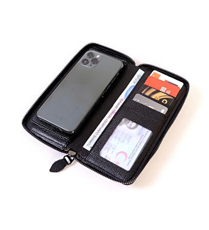 Telefon Bölmeli Fermuarlı Cüzdan Büyük Paraportföy El Çantası SİYAH