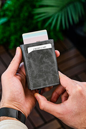 Mekanizmalı Cüzdan Vegan Deri Kartlık 9 Adet Kart Ve Geniş Para Bölmeli Rfıd Engelleme Crazy Gri