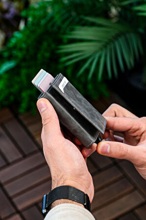 Mekanizmalı Cüzdan Vegan Deri Kartlık 9 Adet Kart Ve Geniş Para Bölmeli Rfıd Engelleme Crazy Gri