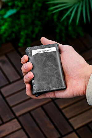Mekanizmalı Cüzdan Vegan Deri Kartlık 9 Adet Kart Ve Geniş Para Bölmeli Rfıd Engelleme Crazy Gri