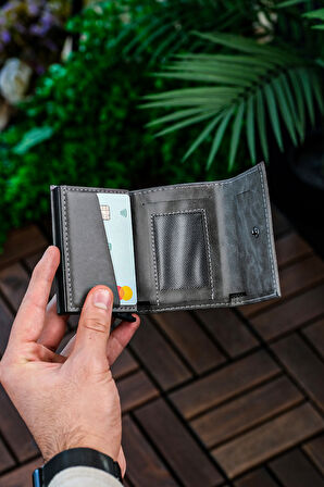 Mekanizmalı Cüzdan Vegan Deri Kartlık 9 Adet Kart Ve Geniş Para Bölmeli Rfıd Engelleme Crazy Gri